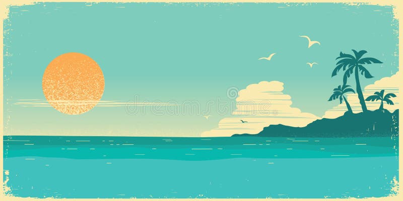 Tropical Island  Poster Background with Palms and Sea Waves  Stock Vector - Illustration of retro, paradise: 142714258