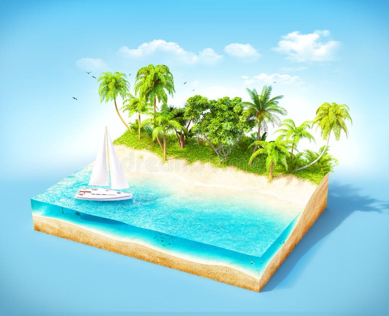 Piece of tropical island with water and palms on a beach in cross section. Unusual travel illustration