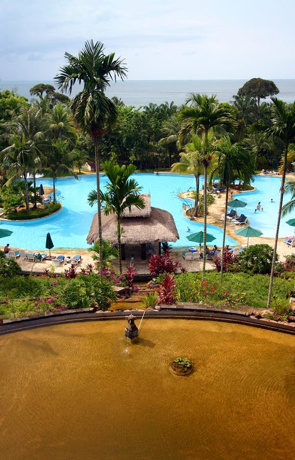 Tropical island resort hotel pool & landscaping