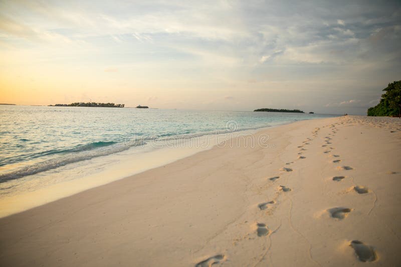 Tropical island scene with 2 row off footsteps on beach.