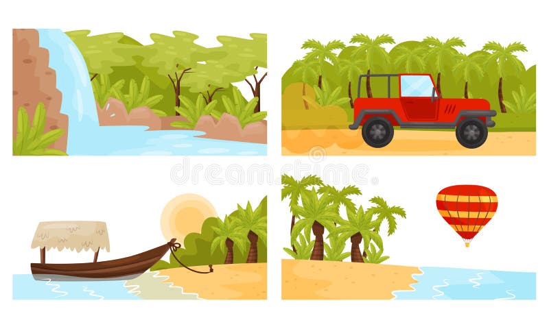 Tropical Island Scenic Illustrations with Palm Trees and Waterfall Vector Set. Native, journey.