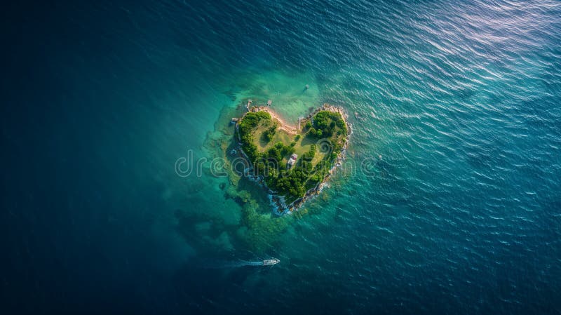 Tropical island in the shape of a heart with houses in the lush green surroundings. Boat near the island with jettys. Made with generative AI.