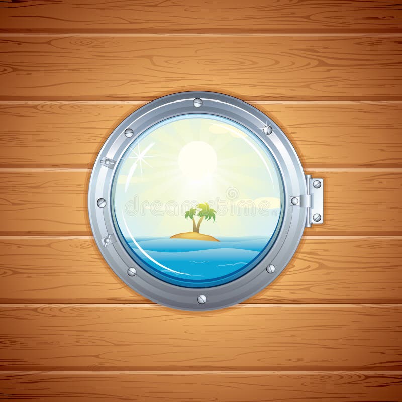 Ship Porthole. View on Tropical Island, Sea and Palm through a Shipboard Window. Ship Porthole. View on Tropical Island, Sea and Palm through a Shipboard Window.
