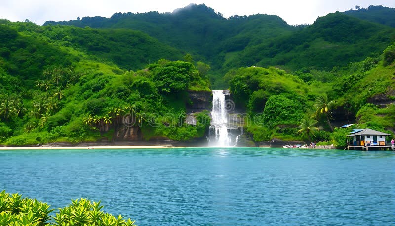 Tropical island waterfall, ocean view, paradise landscape, and exotic destination, Stock Photo, Generative AI stock illustration