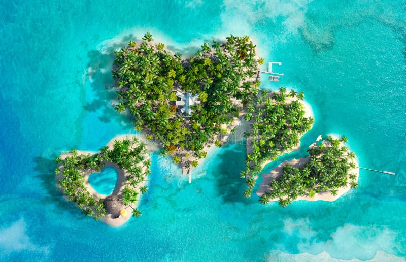 Tropical islands in the form of three hearts, one is broken. Aerial view. 3D illustration