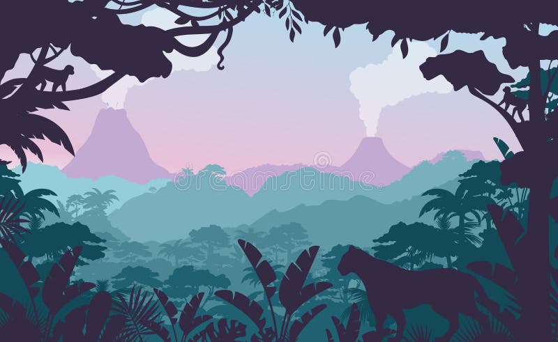 Tropical jungle flat vector illustration. Beautiful evening forest landscape, exotic flora and fauna. African rainforest vector illustration Tropical jungle flat vector illustration. Beautiful evening forest landscape, exotic flora and fauna. African rainforest vector illustration