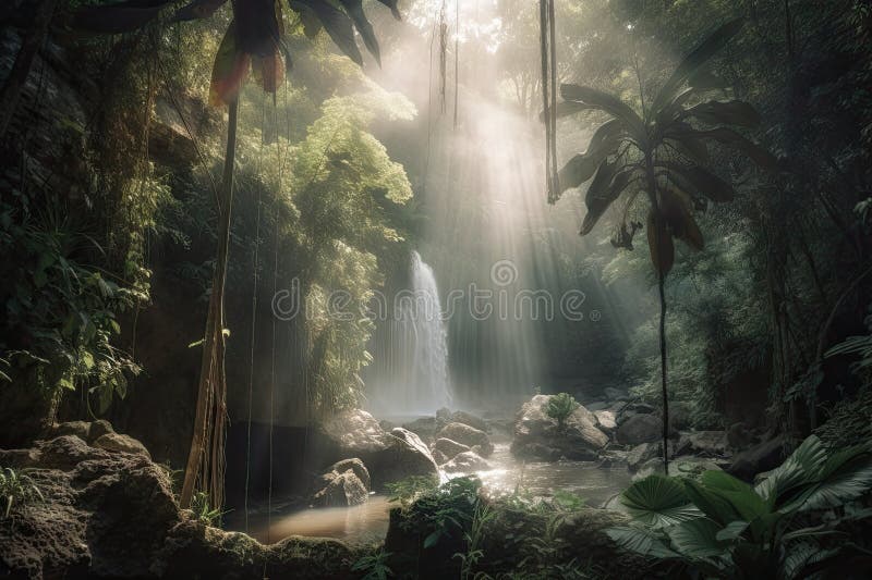 Tropical jungle with misty waterfall, hidden lagoon and sunbeams shining through the trees vector illustration