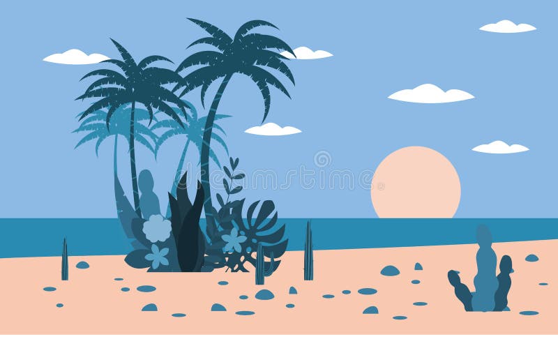 Tropical landscape ocean beach sunset palm trees, plants flora background for banner, greeting card, poster template.