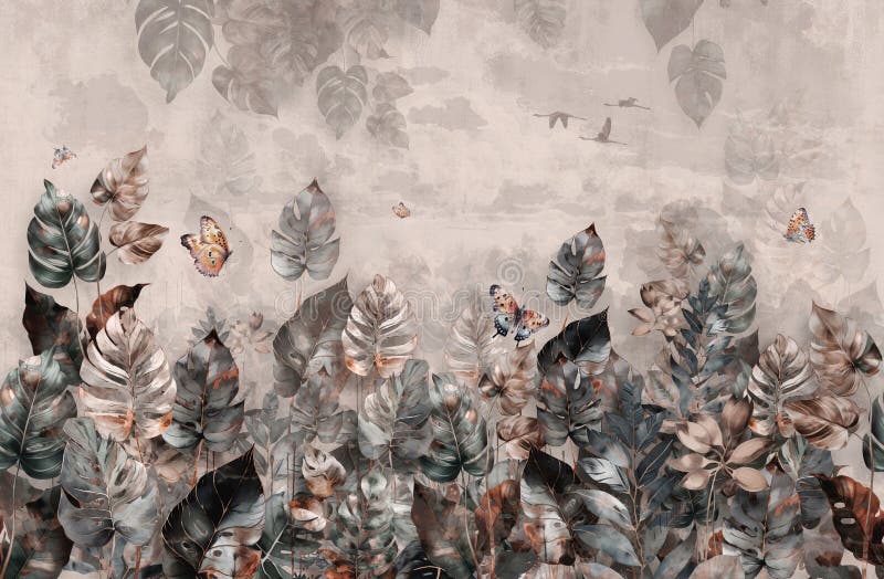 Tropical Leaf Pattern Wallpaper with a Pink Background Stock de