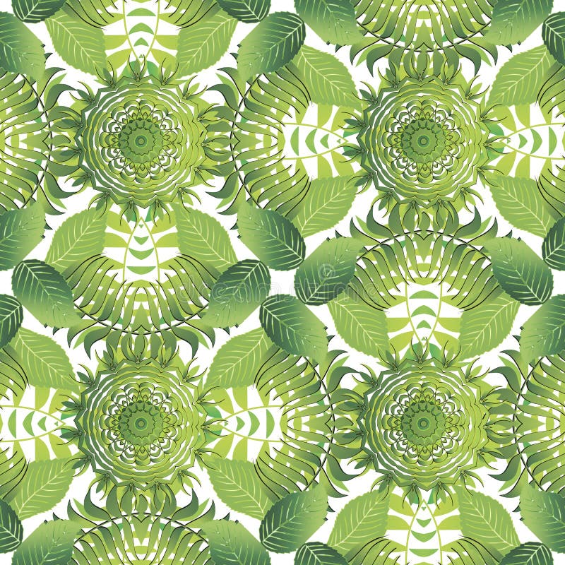 Tropical leafy vector seamless pattern. Green palm leaves and branches on white background. Ornamental spring summer repeat nature royalty free illustration Tropical leafy vector seamless pattern. Green palm leaves and branches on white background. Ornamental spring summer repeat nature royalty free illustration