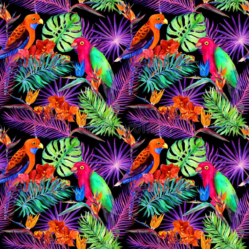 Tropical leaves and exotic flowers in neon light. Seamless unique pattern. Water color