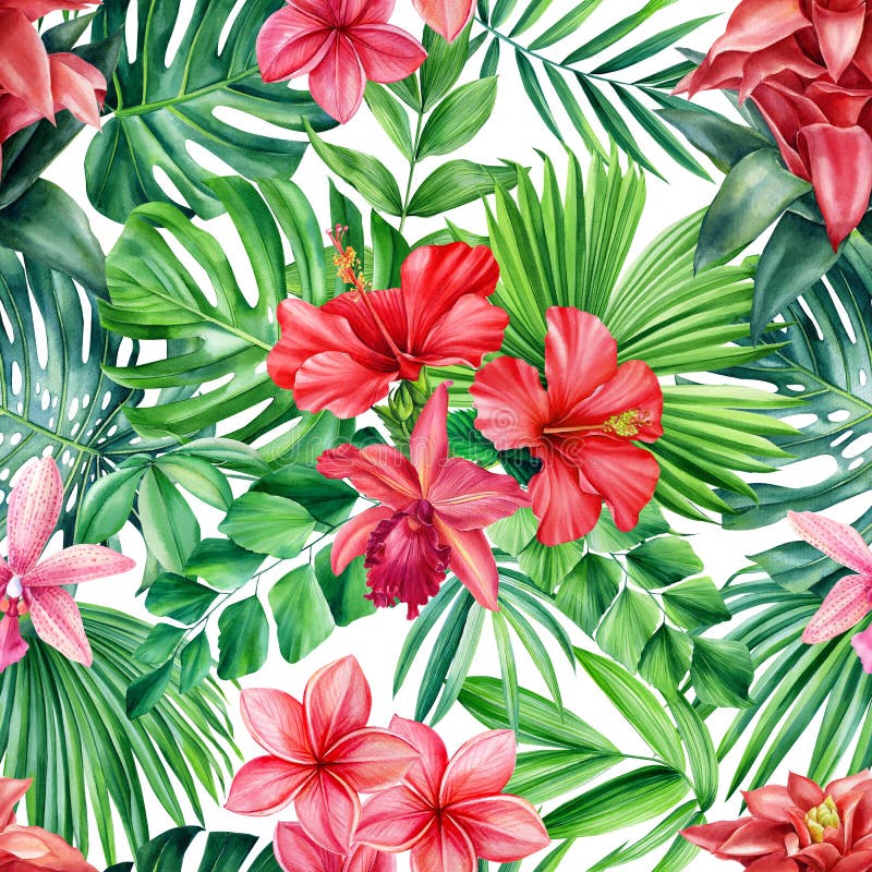 Hibiscus Flowers and Palm Leaves, Seamless Pattern Tropical Plants ...