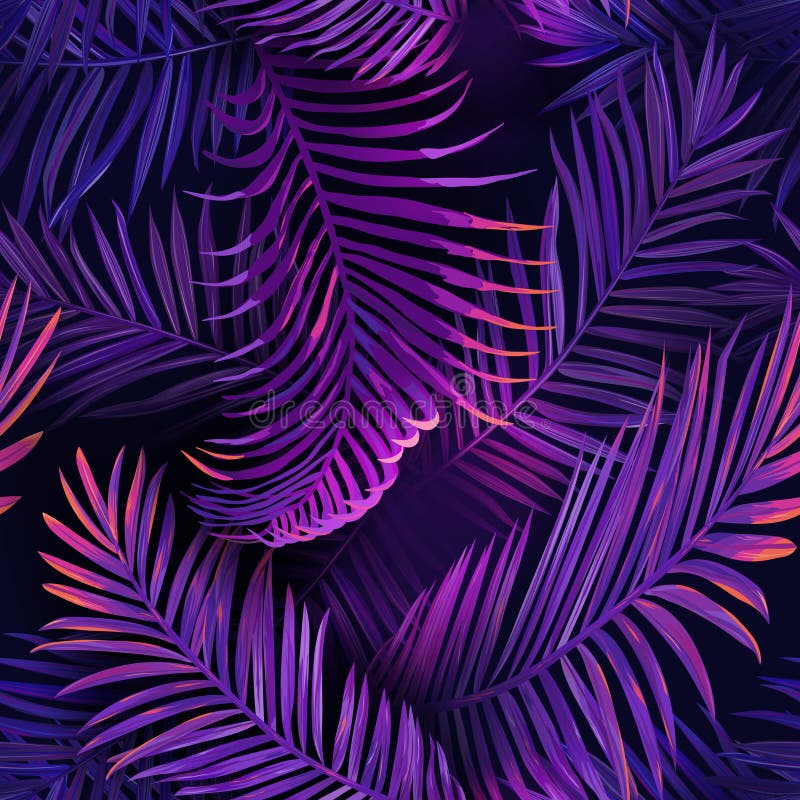 Tropical Neon Palm Leaves Seamless Pattern. Jungle Purple Colored Floral Background. Summer Exotic Botanical Foliage