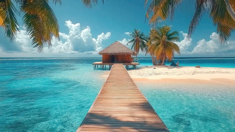 Tropical Overwater Bungalow Retreat auf der Privatinsel stockbild