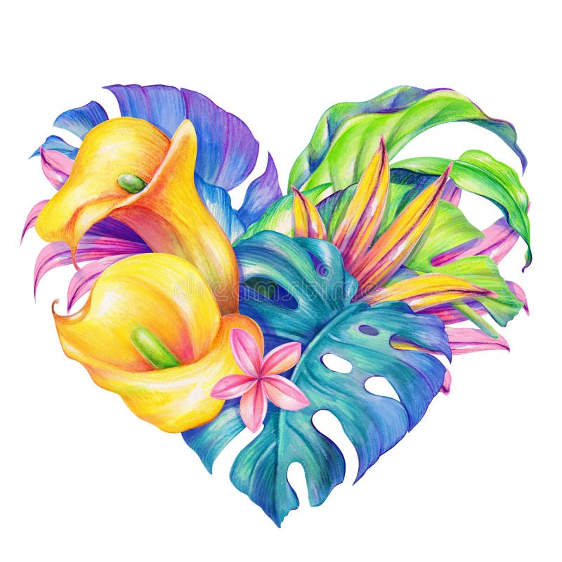 Tropical palm leaves and calla lily flowers in the shape of a heart, unusual Valentines day greeting card, watercolor botanical