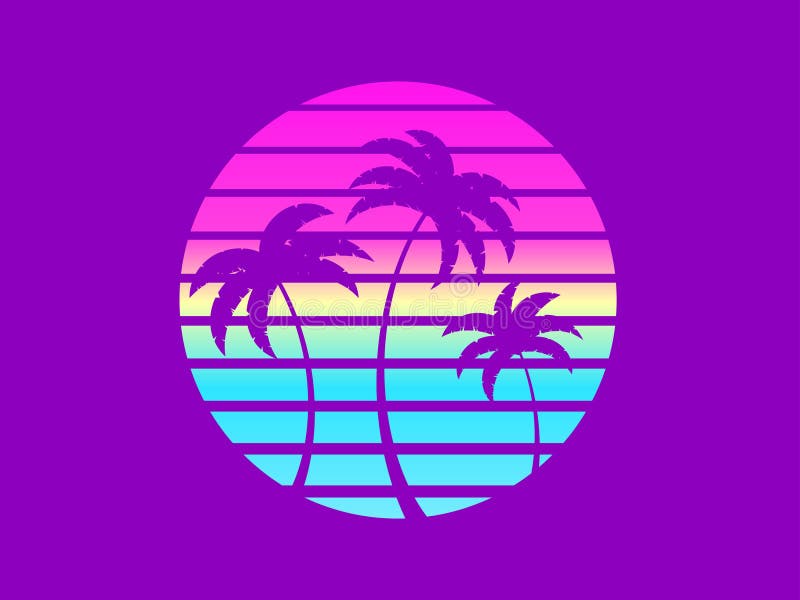 Tropical palm trees at sunset in a futuristic 80s style. Summer time, silhouettes of palm trees in synthwave and retrowave style. Design of advertising booklets and banners. vector illustration