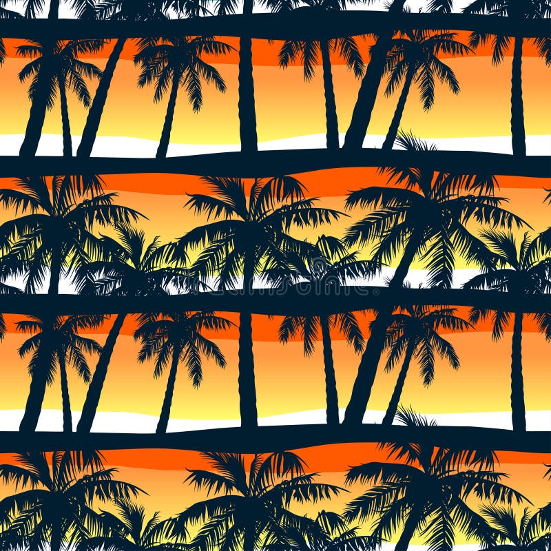 Tropical palms trees at sunset in a seamless pattern
