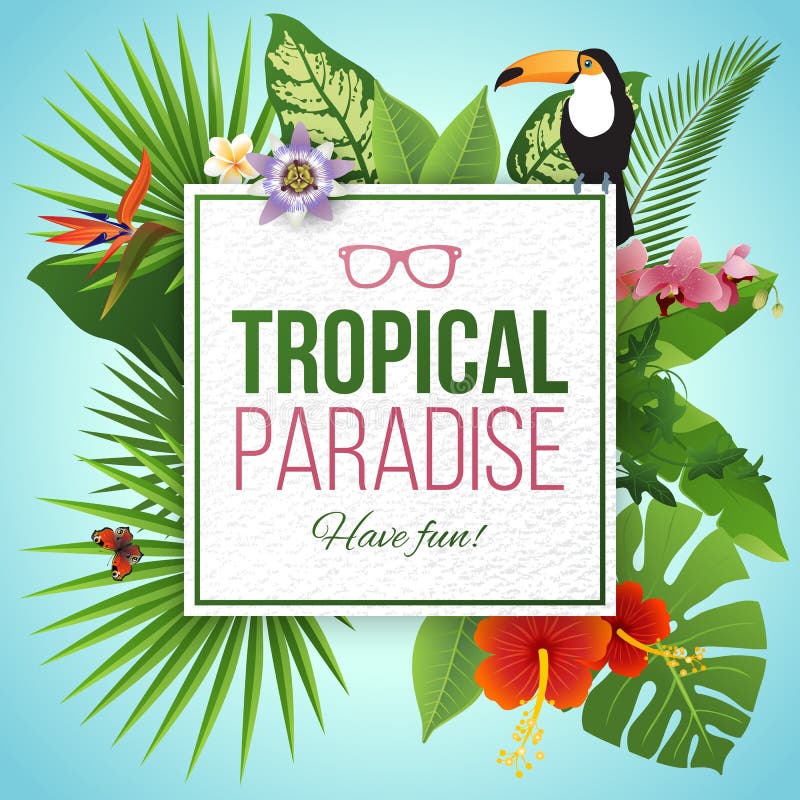 Tropical paradise label over background with leaves and flowers vector illustration Tropical paradise label over background with leaves and flowers vector illustration