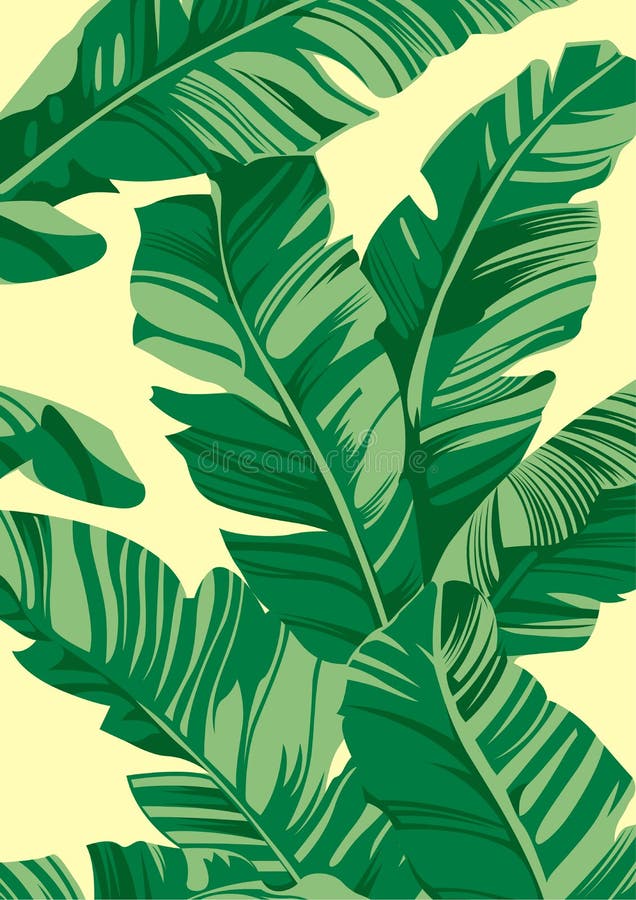 Tropical Pattern Banana Leaves on Light Yellow Background, Flat Line ...