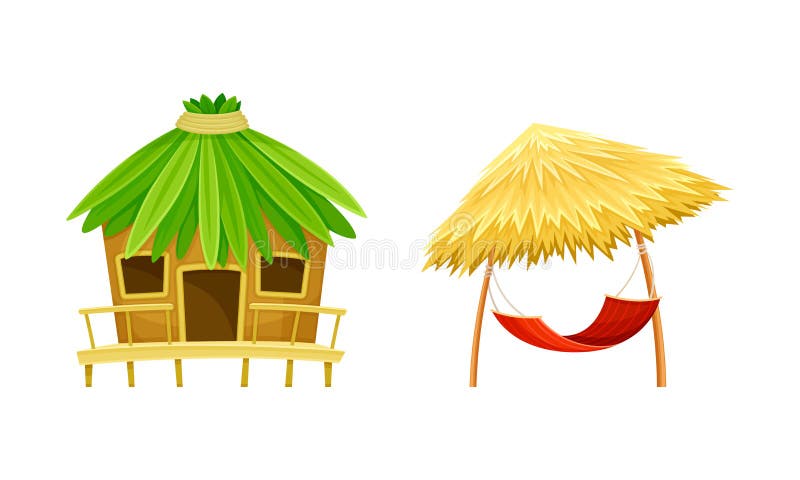 Tropical resort objects set. Beach hut or bungalow and straw umbrella with hammock cartoon vector illustration