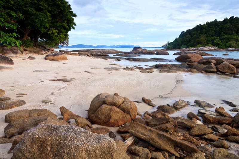 Tropical rocky beach with rain forest