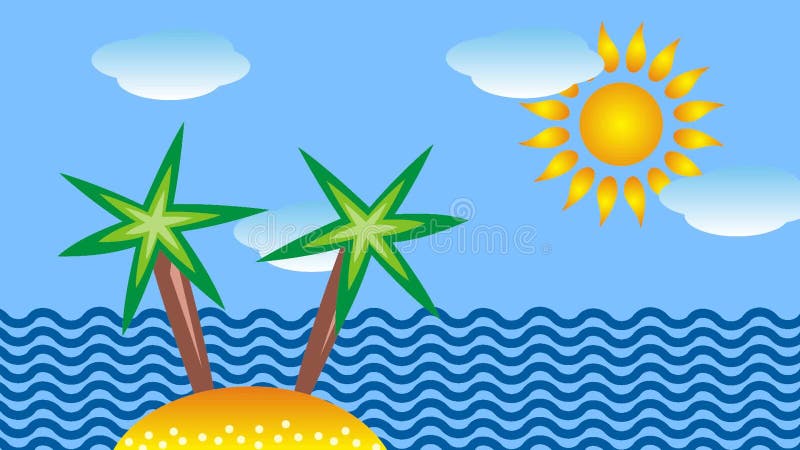 The tropical sea, palm trees and sun. Symbolic cartoon video.