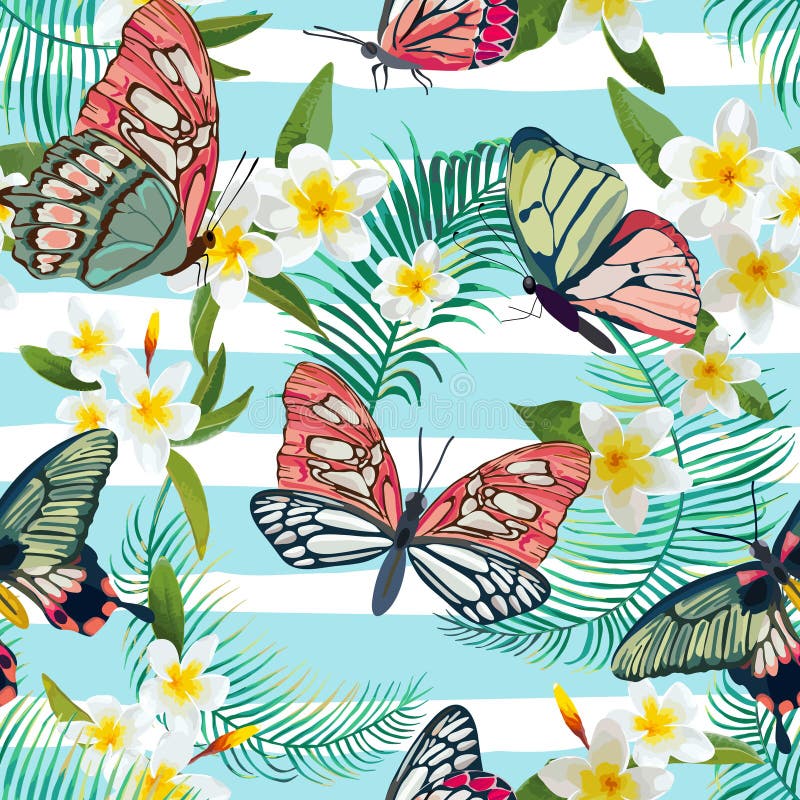 Tropical Seamless Pattern with Flowers and Exotic Butterflies. Palm Leaves Floral Background. Fashion Fabric Design