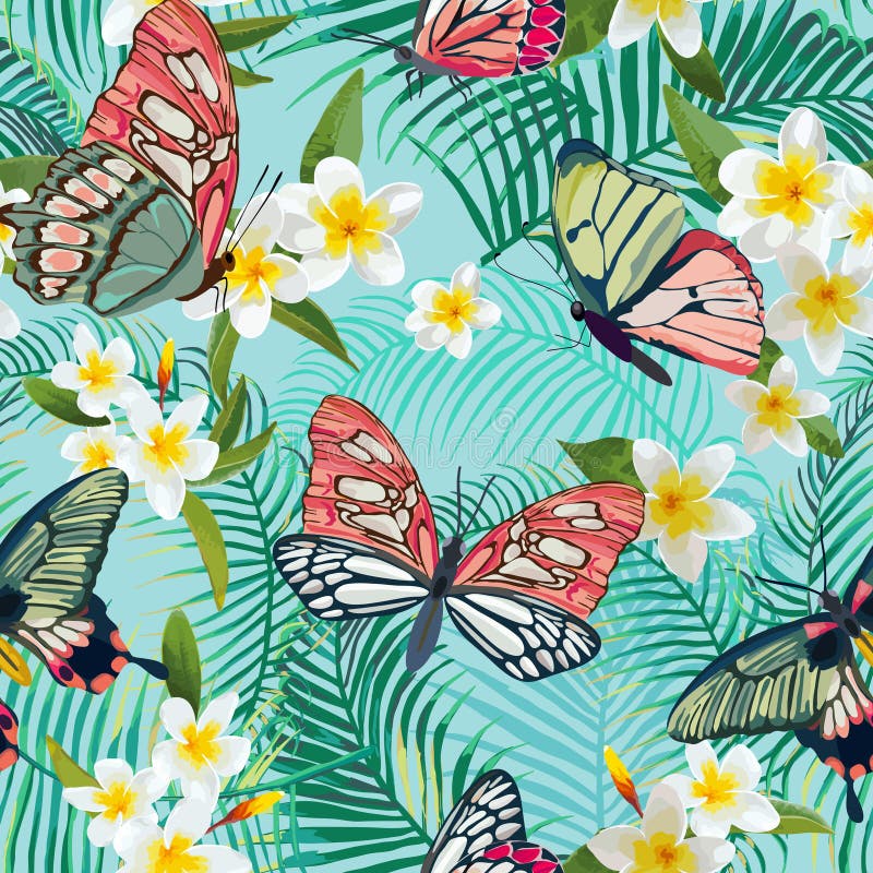 Tropical Seamless Pattern with Flowers and Exotic Butterflies. Palm Leaves Floral Background. Fashion Fabric Design