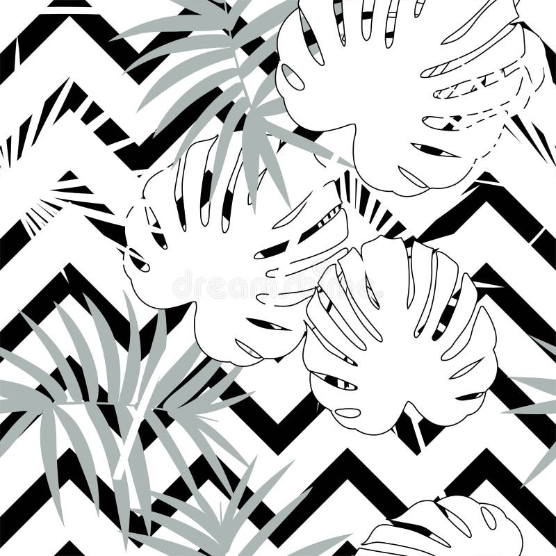 Tropical seamless vector floral pattern with palm leaves, jungle leaf. Tropic monochrome background, black and white royalty free illustration Tropical seamless vector floral pattern with palm leaves, jungle leaf. Tropic monochrome background, black and white royalty free illustration