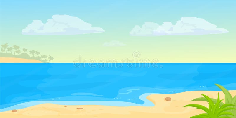 Tropical Seascape Beach with Sea, Sand in Cartoon Style. Horizontal Banner,  Summer Vacation Exotic Coast Stock Vector - Illustration of calm, beach:  221455984