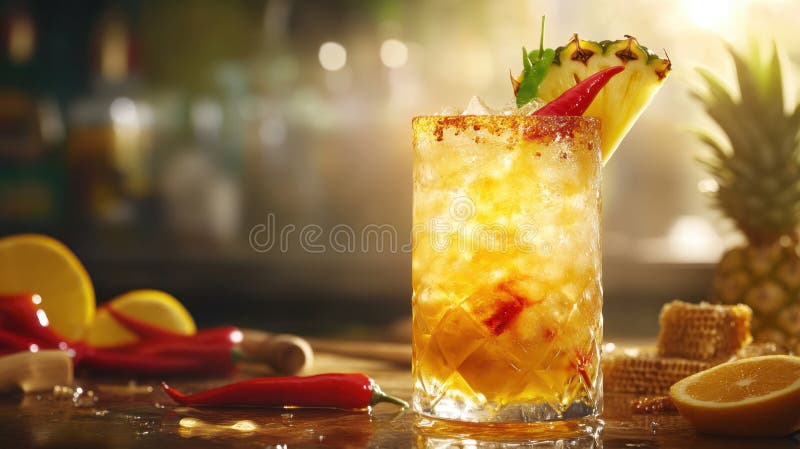 Tropical spicy cocktail with chili pepper and pineapple garnish in sunlit setting royalty free illustration