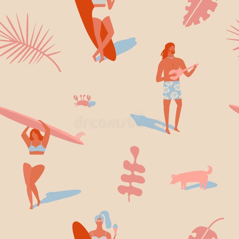 Tropical summer beach pattern in . Surfing beach waves retro illustration.