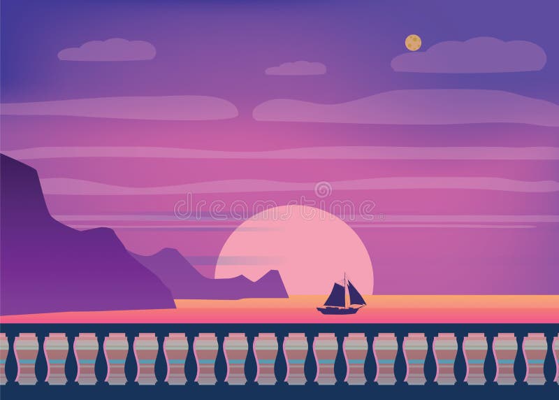 Tropical sunrise at seashore, sea landscape, embankment, balusters, minimalistic illustration. Seascape sunrise or. Sunset vector illustration Tropical sunrise at seashore, sea landscape, embankment, balusters, minimalistic illustration. Seascape sunrise or. Sunset vector illustration