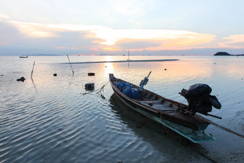 Fishing Boat in the Sea at Sunset. Stock Photo - Image of horizon ...