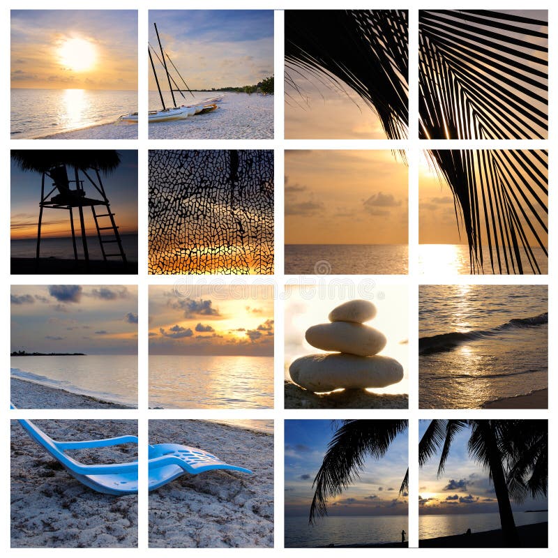 Tropical sunset beach collage