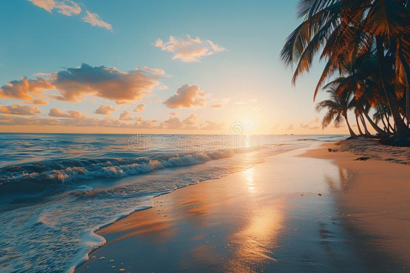 Tropical sunset beach paradise. Palm trees silhouette at golden hour. Ideal for travel ads, vacation promos, summer blog posts. stock illustration