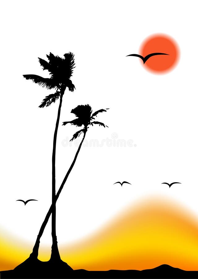 Tropical sunset, palm tree silhouette stock illustration