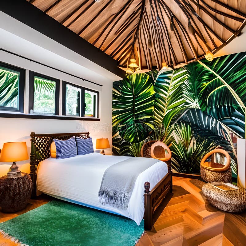 10 a Tropical-themed Bedroom with Palm Leaf Wallpaper, Rattan Furniture