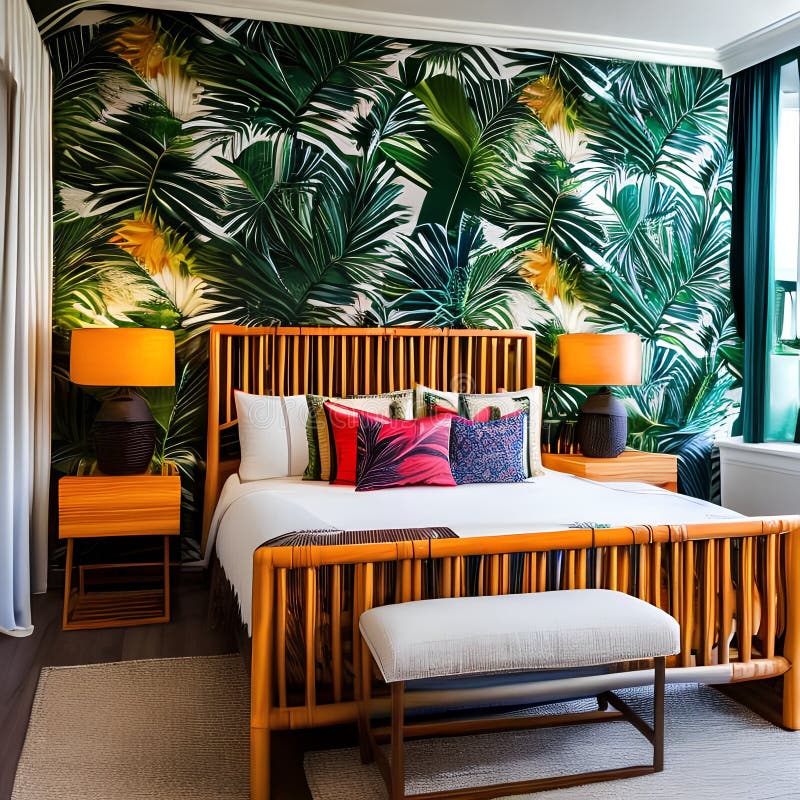 10 a Tropical-themed Bedroom with Palm Leaf Wallpaper, Rattan Furniture