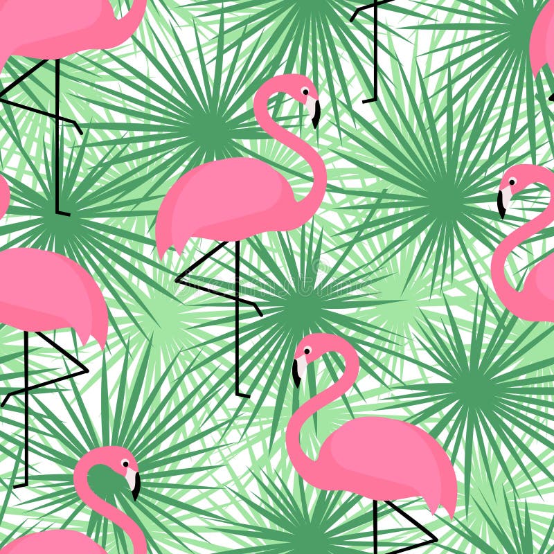 Tropical trendy seamless pattern with flamingos and palm leaves. Exotic Hawaii art background.