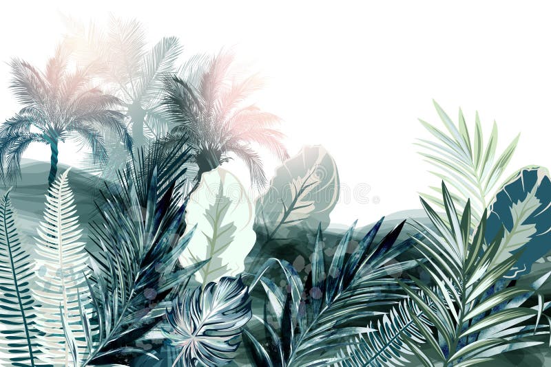 Tropical vector background or wallpaper poster with palm treed and green leaves, watercolor realistic style