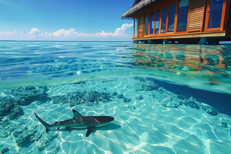 Tropical villa on a clear lagoon with a shark gliding beneath, surrounded by pristine ocean water. stock image
