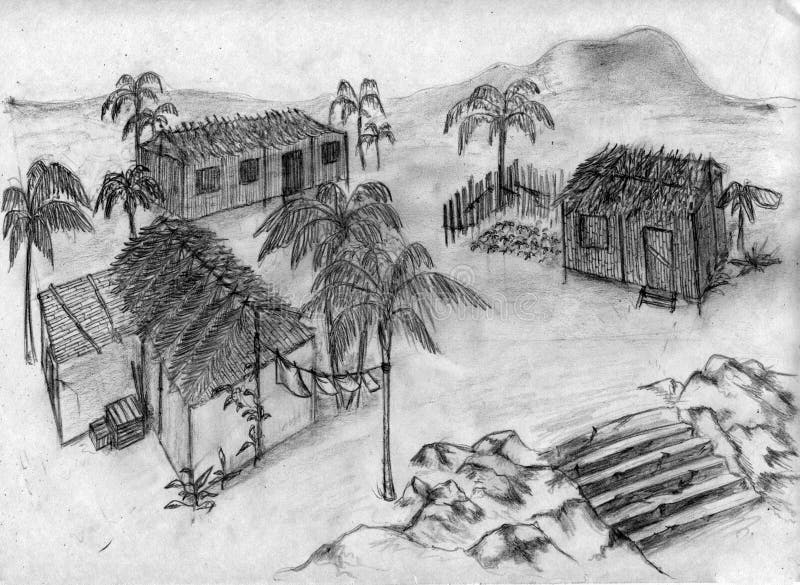 Tropical village sketch stock illustration. Illustration