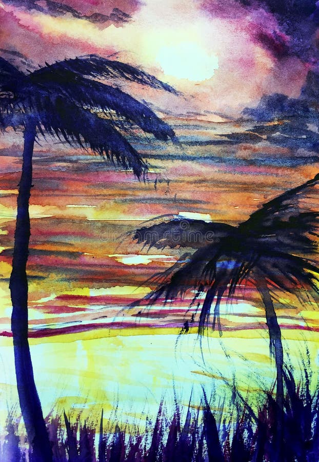 Tropical watercolor illustration palms sunset sea stock illustration Tropical watercolor illustration palms sunset sea stock illustration