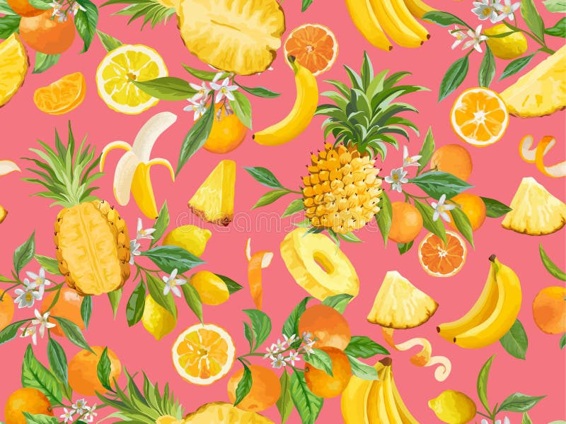 Tropical Pineapple Fruits and Flowers Summer Banner, Graphic Background ...