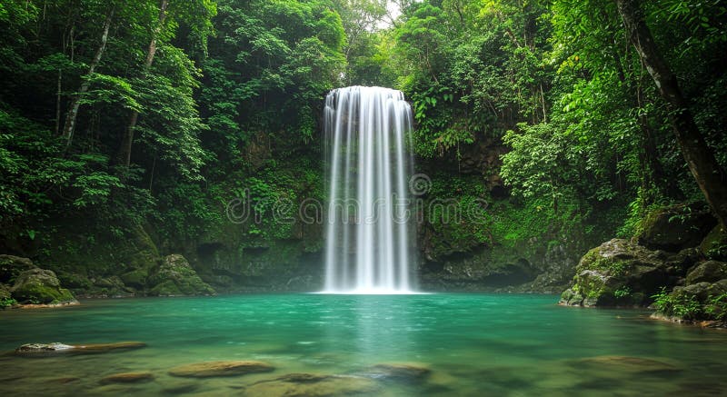 Tropical waterfall cascading into a clear turquoise pool, surrounded by lush green royalty free illustration