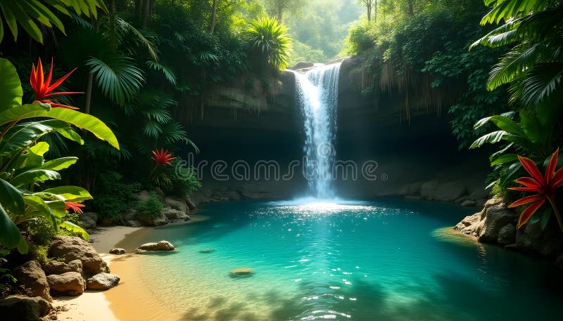 Tropical Waterfall and Hidden Lagoon. A mesmerizing view of a hidden tropical lagoon with a cascading waterfall, surrounded by lush greenery and exotic flowers. AI Generated.