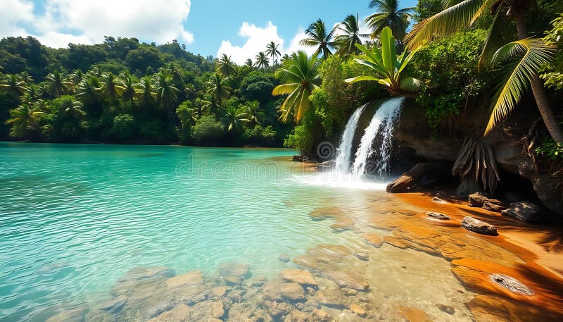 Tropical Waterfall Lush Forest, Nature Escape Generative AI vector illustration