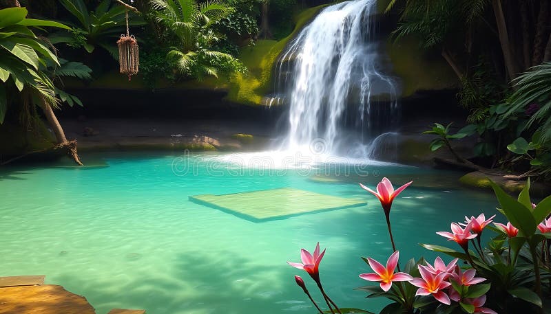 Tropical waterfall pool, jungle waterfall, turquoise water, waterfall, jungle pool Generative AI stock illustration