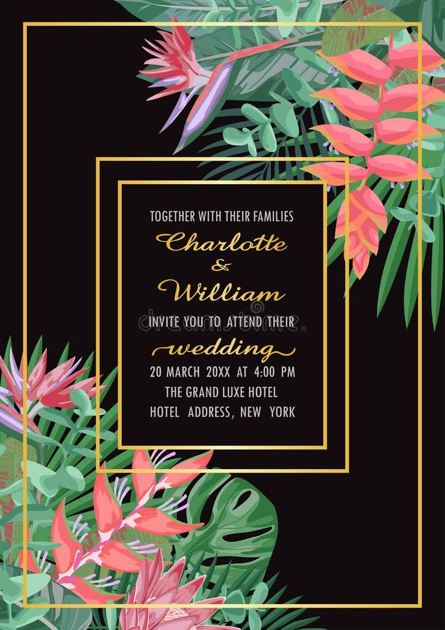 Tropical Wedding Invitation with Gold Frame Stock Vector - Illustration of  banner, bride: 117654775